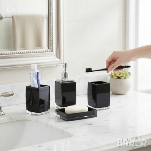 Комплект аксесоари за баня Cheffinger – 4 части, дозатор за сапун, чаша за четки и сапунерка, снимка 6 - Други стоки за дома - 53573346