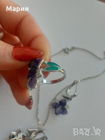 Сребърен комплект Лилави цветя, снимка 5 - Бижутерийни комплекти - 27632764