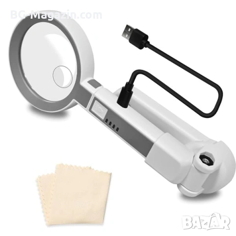 Акумулаторна ръчна увеличителна лупа с LED осветление USB зареждане за четене 4X увеличение и скала, снимка 5 - Други инструменти - 53032303