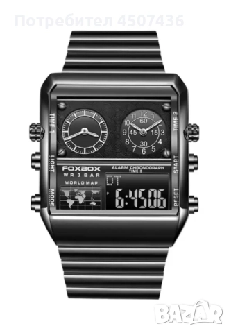 FOXBOX Унисекс аналогов/дигитален концептуален часовник,черен циферблат,каишка от неръждаема стомана, снимка 10 - Мъжки - 52793580