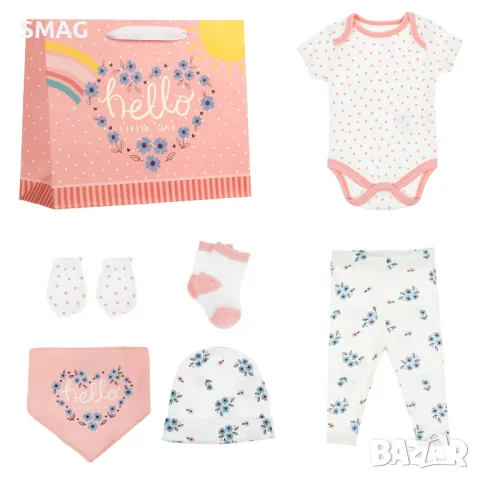 Бебешки подаръчен комплект за новородено памук бял розов на точки с цветя - 8 бр. S_1233383, снимка 2 - Комплекти за бебе - 49548465