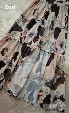 РАЗКОШНА дълга бежова рокля на едри цветя, снимка 3 - Рокли - 50091191