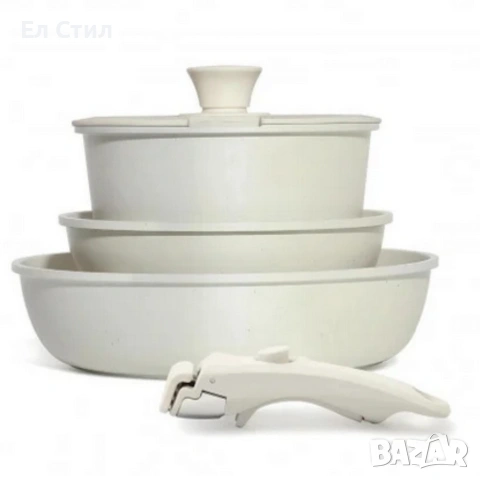 Комплект съдове-1005 – 5 части с подвижна дръжка, мраморно покритие и индукция, снимка 6 - Съдове за готвене - 53574177
