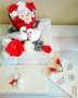 Сватбена декорация с гълъби ,кутия със сапунени рози на поставка и две сватбени картички 