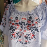 Светлосиня памучна рокля тип риза с бродерия и ластик около деколтето, снимка 6 - Рокли - 36625322