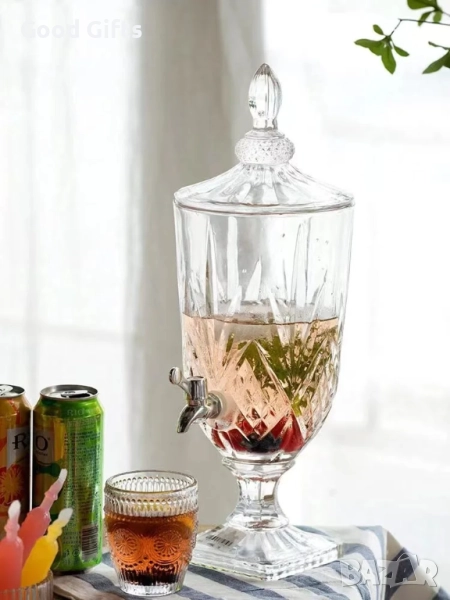 Луксозен стъклен диспенсър за сок и напитки 3L с капак и кранче, снимка 1
