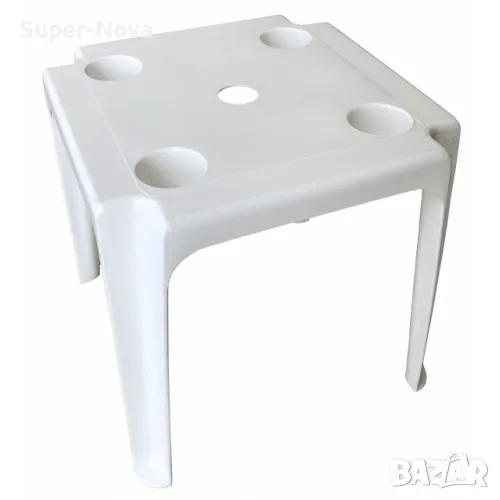 Бяла пластмасова масичка с отвор за чадър и поставки за чаши– 44x44x39 см, снимка 1