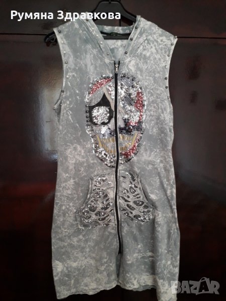 Продавам много оригинален дълъг платов елек с качулка и цип - М размер, снимка 1