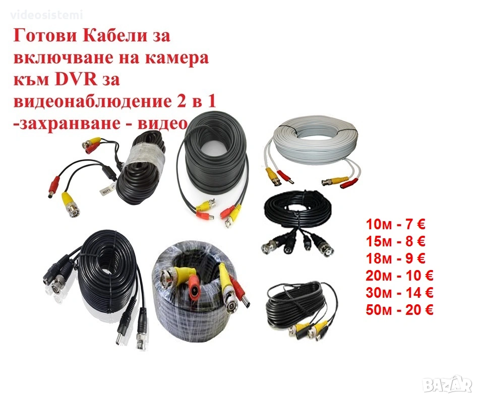 Кабели за видеонаблюдение 2 в 1 -захранване - видео за включване на камера  към DVR, снимка 1