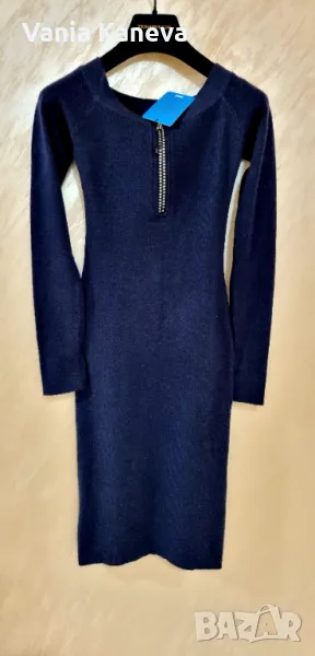 Елегантна Рокля финно плетиво. Със сребристи камъчета. Цвят тъмно син., снимка 1