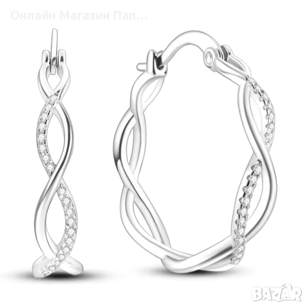 925 Сребърни обеци „усукани змии“ с фини циркони, 24мм, снимка 1