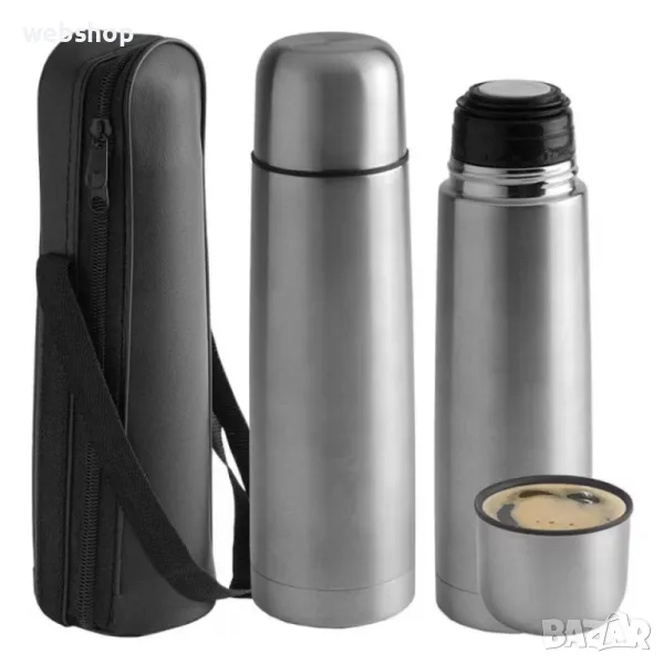 Термос Rosberg R52010B, 350/500/1000 мл, Двойни стени, Калъфче и чашка, Инокс, снимка 1