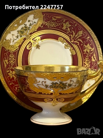 Порцеланова чаша с чинийка – F.M.C. handgemalt, ръчно рисувана, позлата, снимка 1