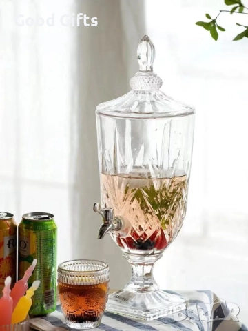 Луксозен стъклен диспенсър за сок и напитки 3L с капак и кранче