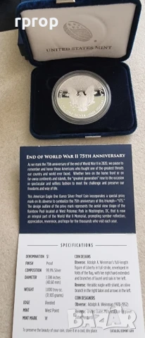 САЩ.
1 долар.
2020 г.
Сребро.
75 години от края на Втората световна война.
, снимка 16 - Нумизматика и бонистика - 50479853