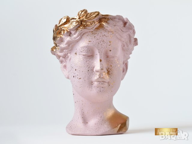 Саксия глава на гръцка богиня / Ваза Венера / Декоратив саксия за цветя в цвят розово и златно
