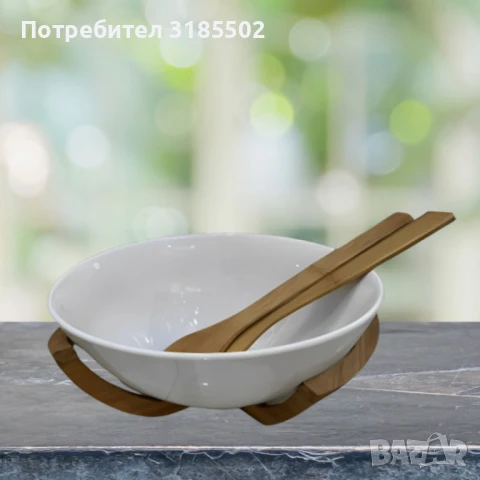 Луксозен комплект за салата с керамична купа и дървени аксесоари, снимка 6 - Прибори за хранене, готвене и сервиране - 51420684
