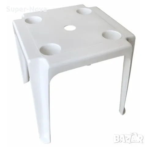 Бяла пластмасова масичка с отвор за чадър и поставки за чаши– 44x44x39 см