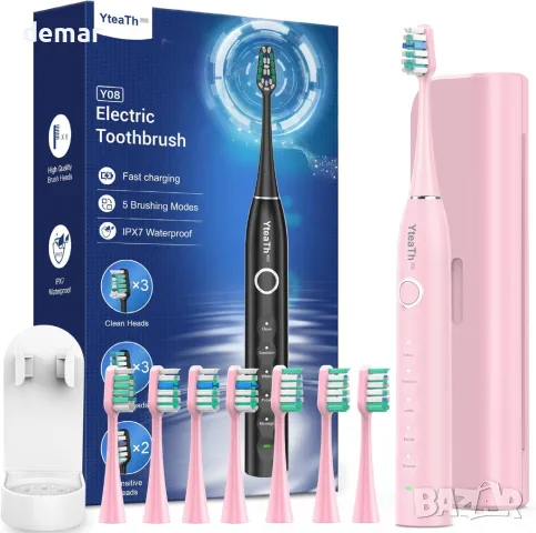 Звукова четка за зъби с 8 глави и 5 режима, 120 дни живот на батерията, 50 000 VPM, кутия и стойка