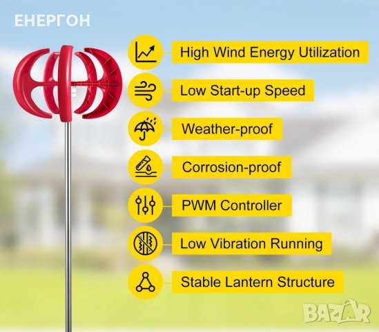 Ветрогенератор Вертикален 600w 12v вятърна турбина перка слънце ток, снимка 7 - Аксесоари и консумативи - 43667914