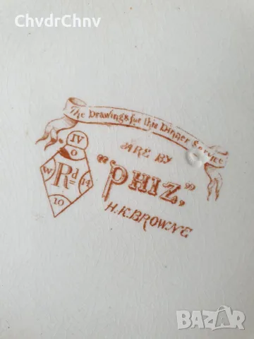 1870г HK Browne Phiz 29см/стара аглийска порцеланова декоративна чиния-картина, снимка 7 - Антикварни и старинни предмети - 49598875