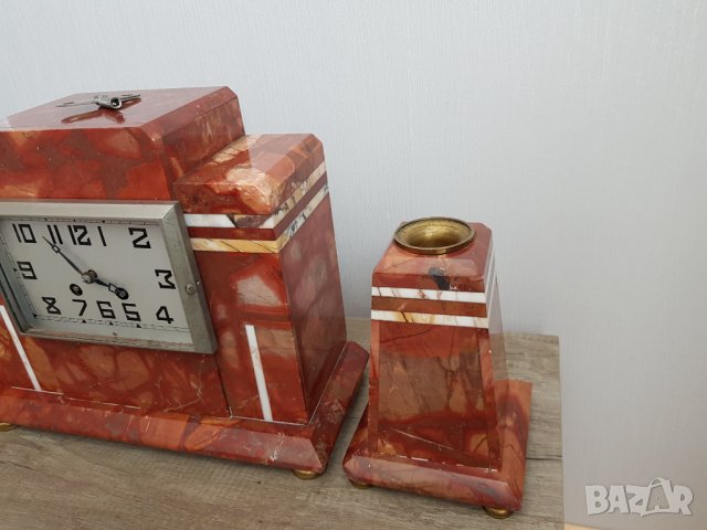 Комплект античен мраморен каминен часовник с два свещника, снимка 8 - Антикварни и старинни предмети - 33184199