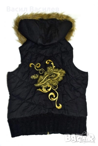 Kani Ladies дамски черен зимен елек подвижна качулка златна бродерия, снимка 2 - Якета - 51931472