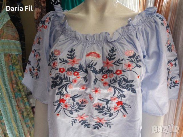 Светлосиня памучна рокля тип риза с бродерия и ластик около деколтето, снимка 6 - Рокли - 36625322