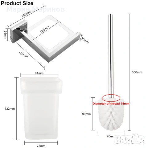 EXLECO Стъклена Четка за Тоалетна с Държач 2 Заменяеми Глави, Стенен Монтаж , снимка 2 - Други стоки за дома - 53386420