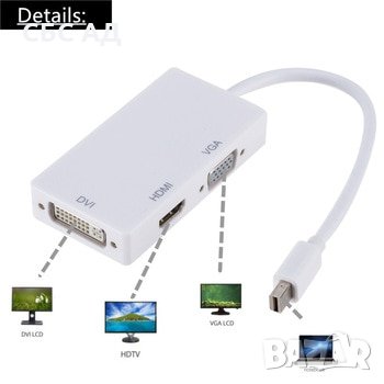 Преходник Mini DP DisplayPort към HDMI/DVI/VGA, снимка 2 - Кабели и адаптери - 32640763