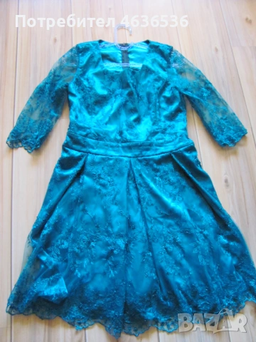 Дамска дантелена рокля с болеро , петролено зелено