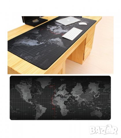 Голяма мека подложка за мишка и клавиатура с гумиран гръб против хлъзгане и принт на картата на свет