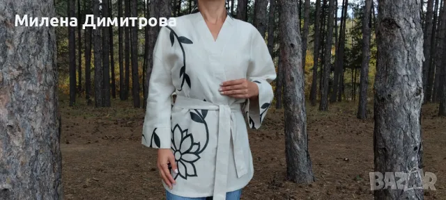 Ръчно рисувано ленено кимоно, снимка 3 - Сака - 48868280