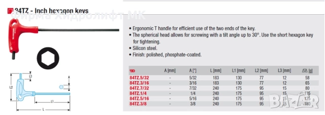 FACOM 84TZ Ключ шестограм инчов с Г-образна дръжка - различни размери и цени, снимка 2 - Други инструменти - 31551158