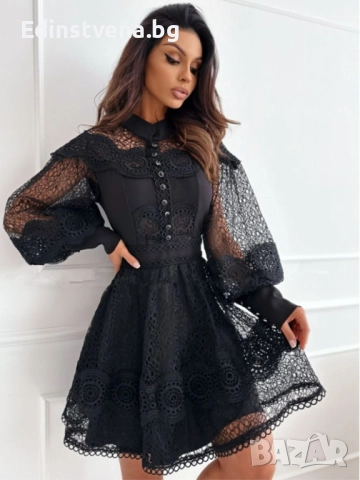 Дамска черна рокля от дантела с буфан ръкави и яка