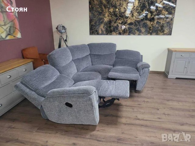 Сив ъглов диван от плат с ръчен релаксиращ механизъм, снимка 4 - Дивани и мека мебел - 43896533
