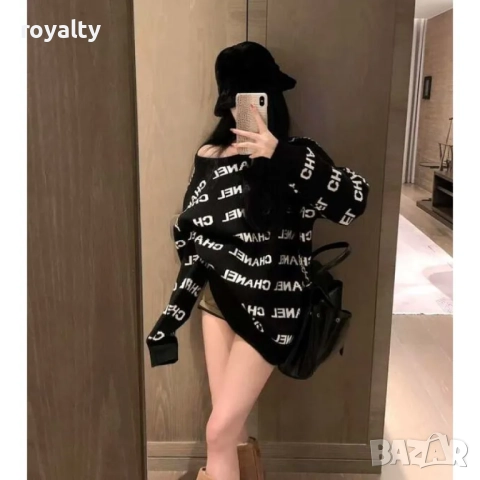 Черен блузон Ch🅰️nel / свободен модел с кръгло деколте, снимка 2 - Блузи с дълъг ръкав и пуловери - 52163001