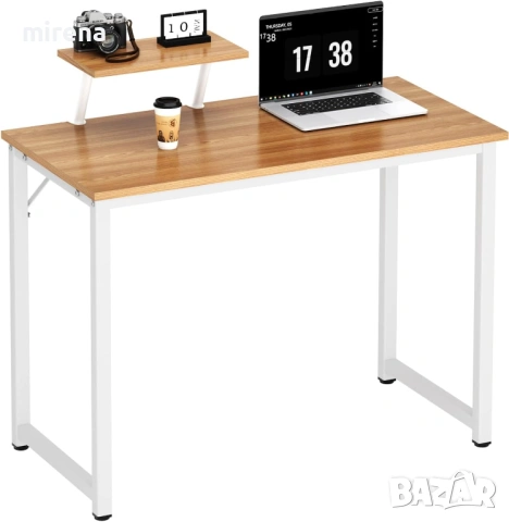 Компютърно бюро с рафтове за съхранение, дървено и метално дъбово бяло