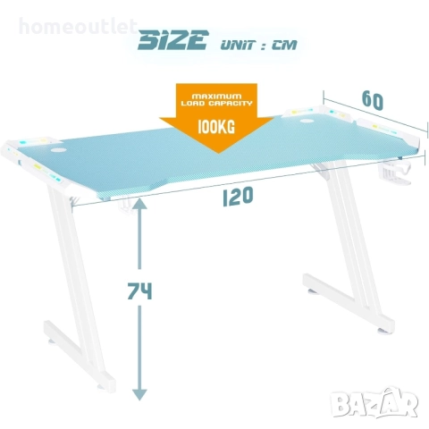 ПРОМОЦИЯ Геймърско бюро 120 см с RGB осветление, поставка за слушалки и чаша HL HDLGD-ZZLEDBU, снимка 3 - Бюра - 51616390