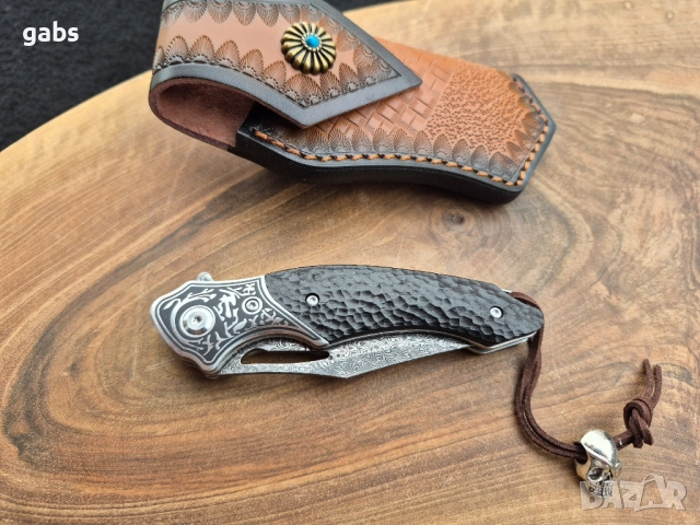 Уникален сгъваем нож дамаска стомана с кожена кания, снимка 5 - Ножове - 52325439