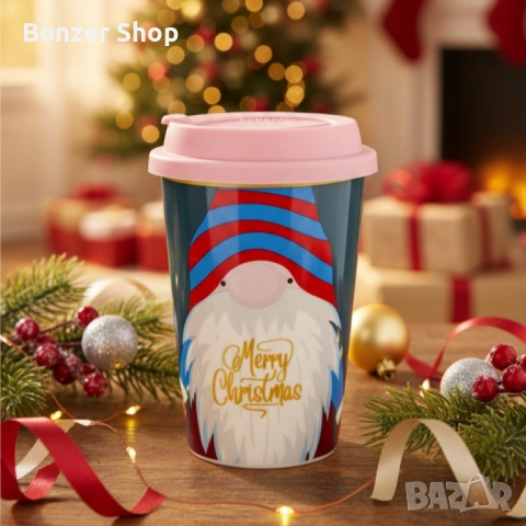 Порцеланова Коледна чаша със силиконов капак, снимка 2 - Чаши - 52478861