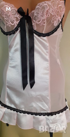 Розова сатенена нощница-корсет с жартиери, снимка 3 - Бельо - 36483914