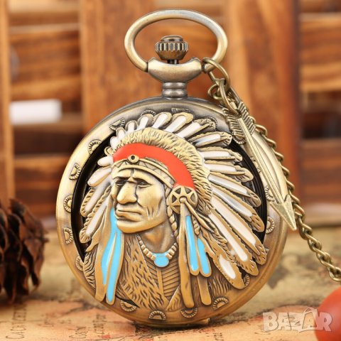Нов джобен часовник индианец вожд пера племе дивия запад , снимка 6 - Антикварни и старинни предмети - 33680518