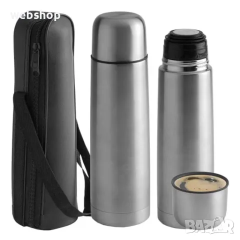 Термос Rosberg R52010B, 350/500/1000 мл, Двойни стени, Калъфче и чашка, Инокс