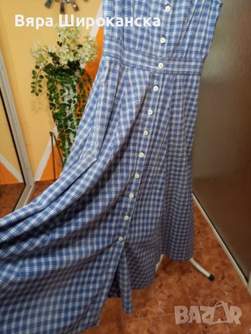 Синя памучна карирана рокля с фиксирана талия. Размер: М, L. Леко изсветляване на плата. , снимка 4 - Рокли - 40522930