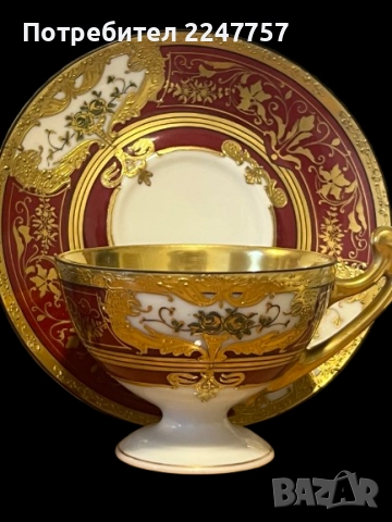 Порцеланова чаша с чинийка – F.M.C. handgemalt, ръчно рисувана, позлата