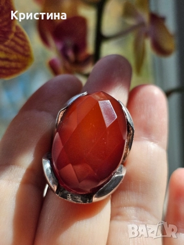 Масивен сребърен пръстен с Карнеол, снимка 3 - Пръстени - 52259169
