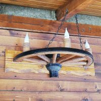 Етно стенна лампа-аплик от колело на каруца с ръчно изработени дървени чашки!, снимка 13 - Лампи за стена - 9066252