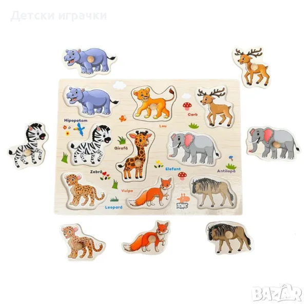 Дървен пъзел с диви животни с копчета, снимка 1