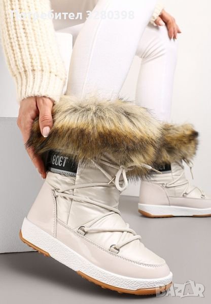 Модни дамски апрески боти ботуши с пух в бежов цвят, снимка 1